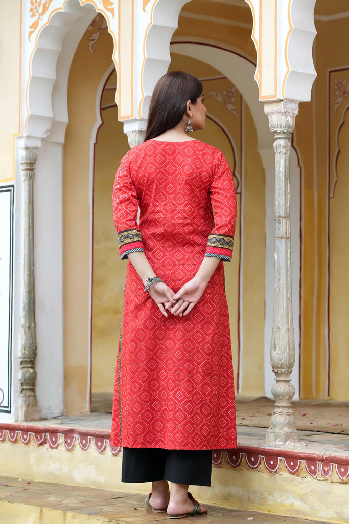 Red Bandhej Print A-Line Kurta In Cotton