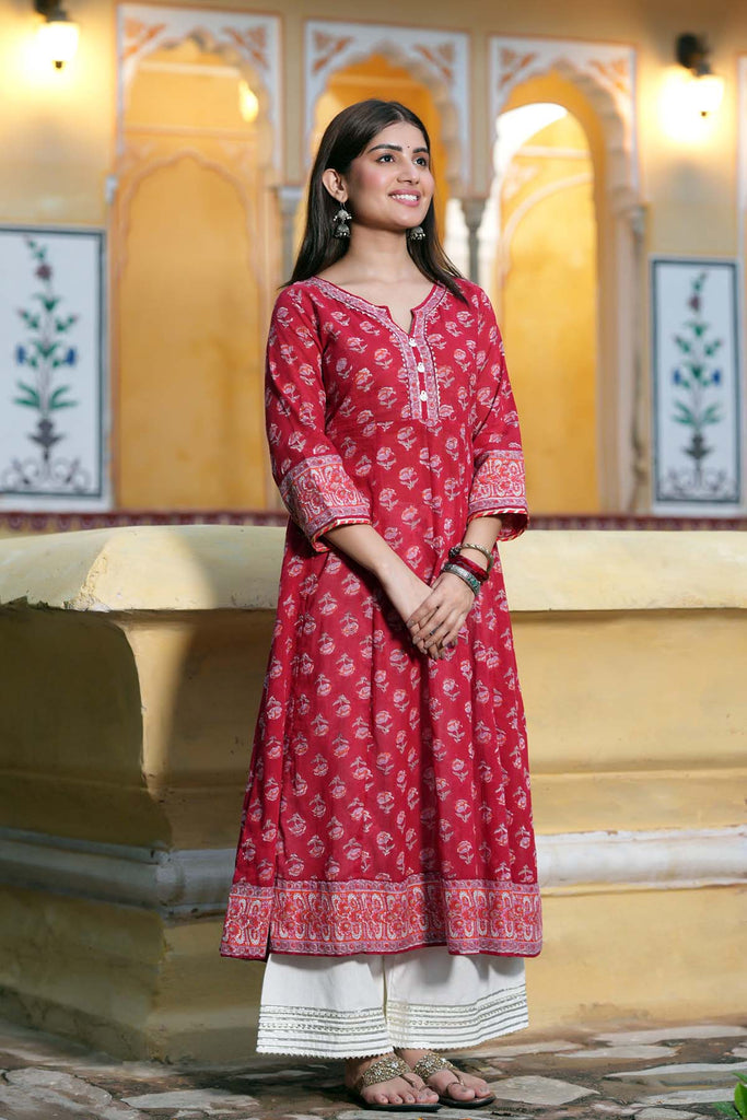Long Length Kalidaar Kurta In Red Cotton Fabric