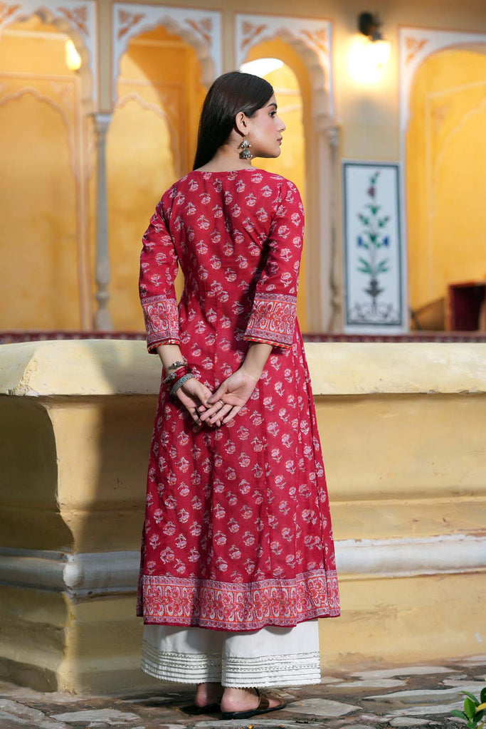 Long Length Kalidaar Kurta In Red Cotton Fabric