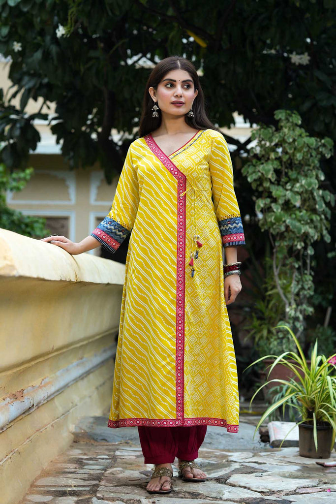 Lemon Yellow Angrakha Style Kurta In Cotton