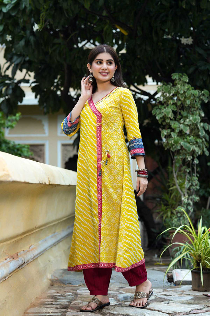 Lemon Yellow Angrakha Style Kurta In Cotton