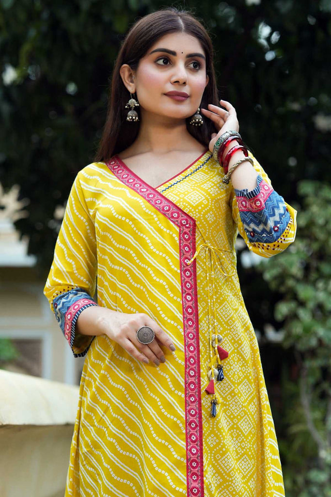 Lemon Yellow Angrakha Style Kurta In Cotton