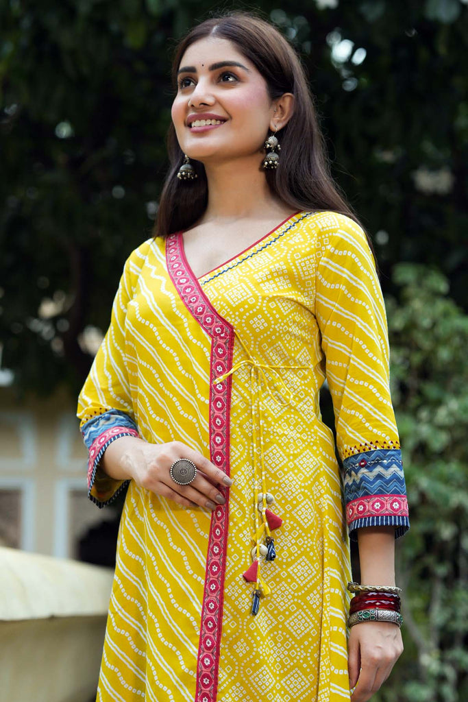 Lemon Yellow Angrakha Style Kurta In Cotton