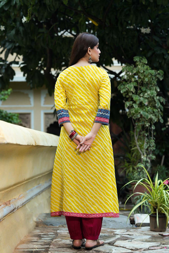 Lemon Yellow Angrakha Style Kurta In Cotton