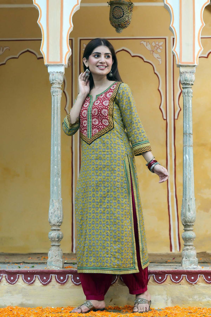 Mustard Green A-Line Kurta In Cotton Fabric