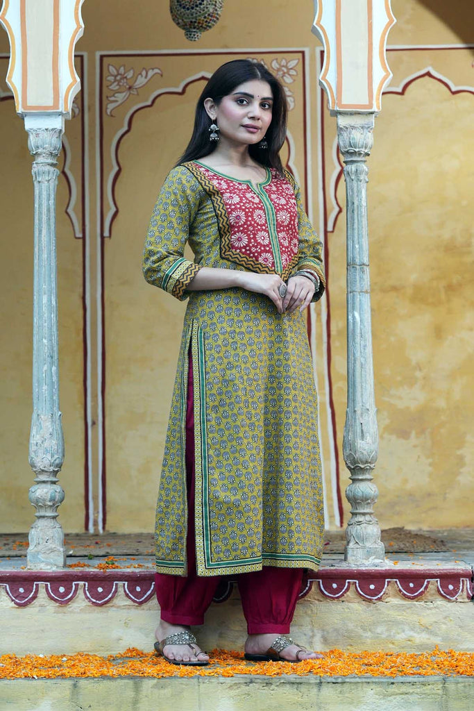 Mustard Green A-Line Kurta In Cotton Fabric