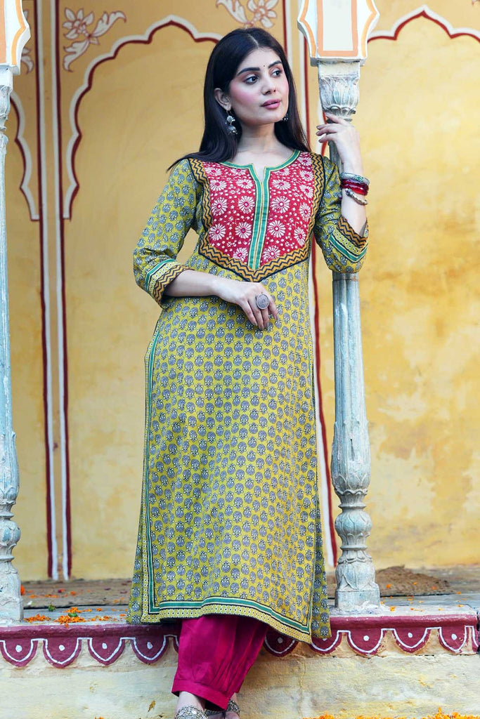 Mustard Green A-Line Kurta In Cotton Fabric