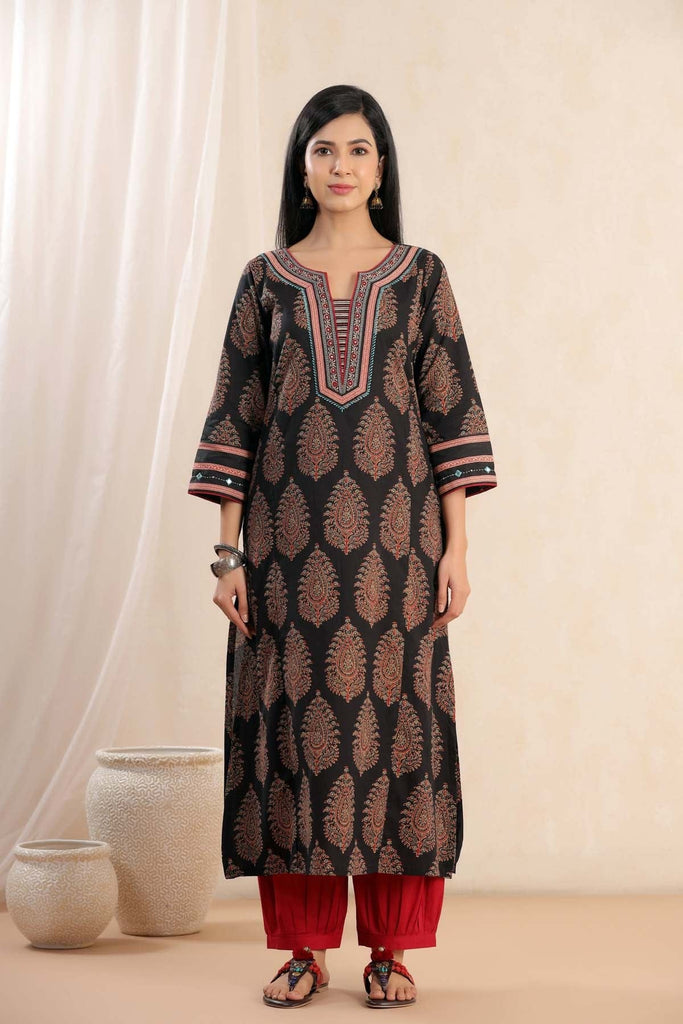 A-Line Kurta In Black Buta Print