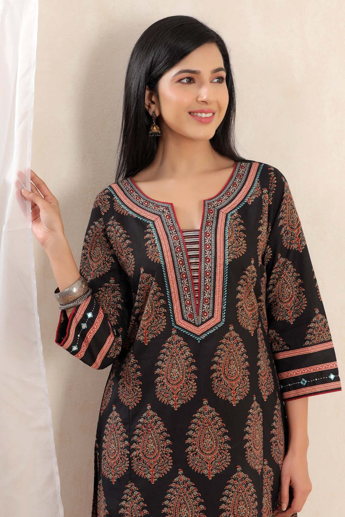 A-Line Kurta In Black Buta Print