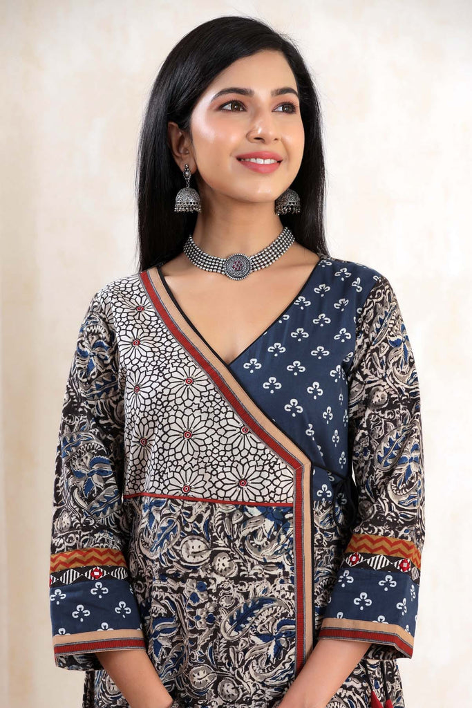 Kalidaar Kurta In Angrakha Style In Kalamkari Cotton Fabric