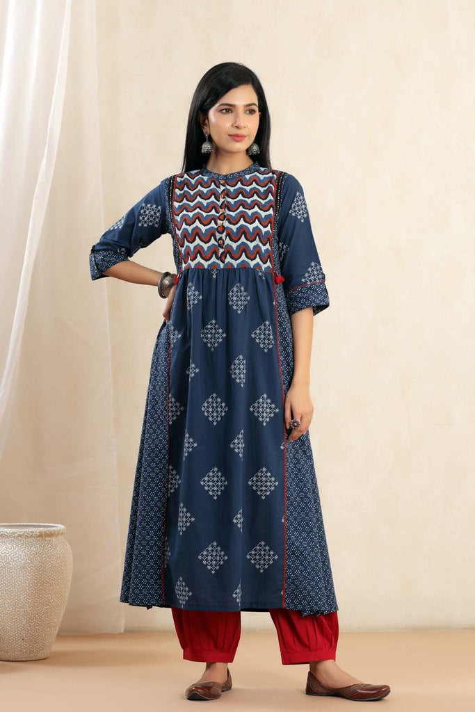 A-Line Collared Kurta In Indigo Blue