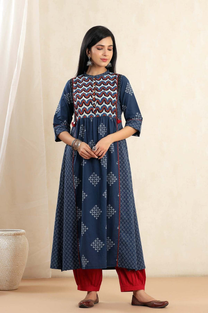 A-Line Collared Kurta In Indigo Blue