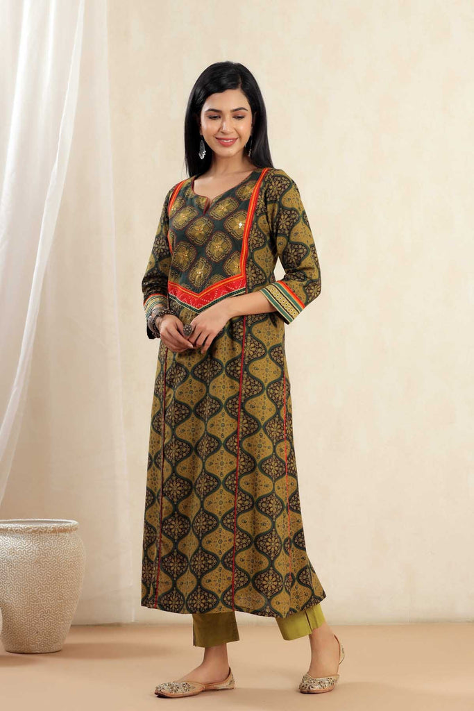 Mehndi green A-Line Kurta In Cotton