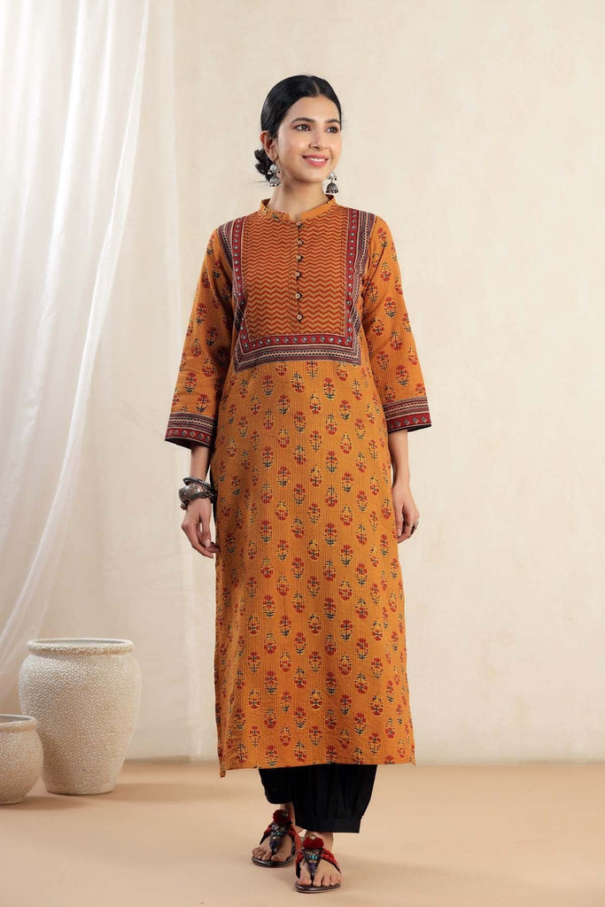 Dark Mustard Straight Fit Kurta In Kantha Print