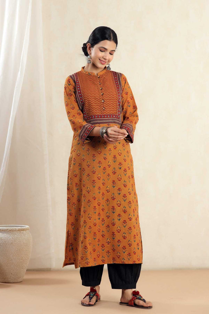 Dark Mustard Straight Fit Kurta In Kantha Print
