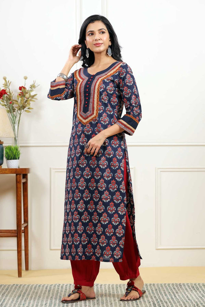 Straight Fit Cotton Kurta In Navy Blue Color