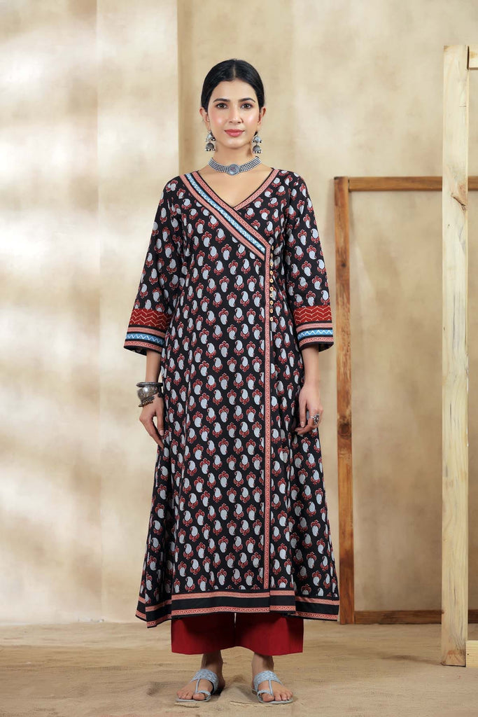 Black Angrakha Style Long Length Kurta