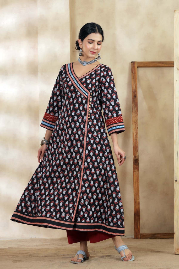 Black Angrakha Style Long Length Kurta