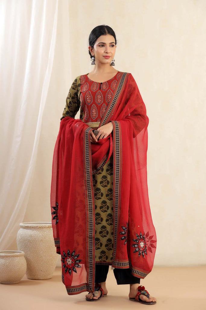 A-Line Kurta In Mehndi Green Buta Print