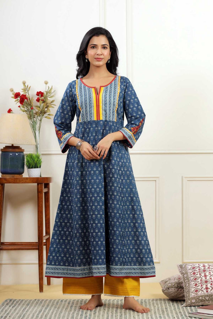 Kalidaar Kurta In Dark Blue Cotton Fabric