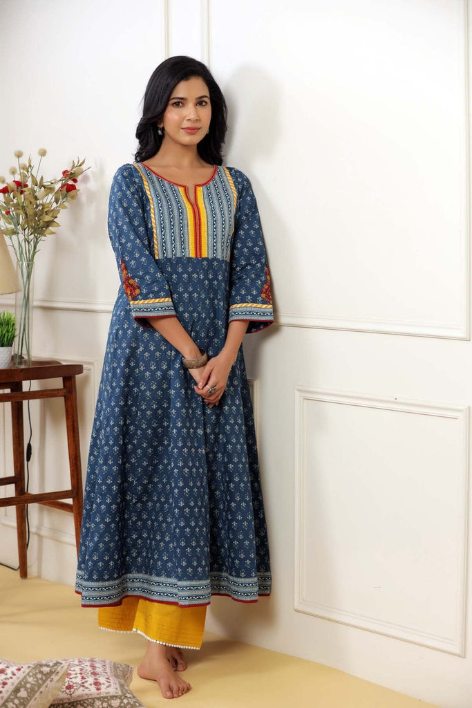 Kalidaar Kurta In Dark Blue Cotton Fabric
