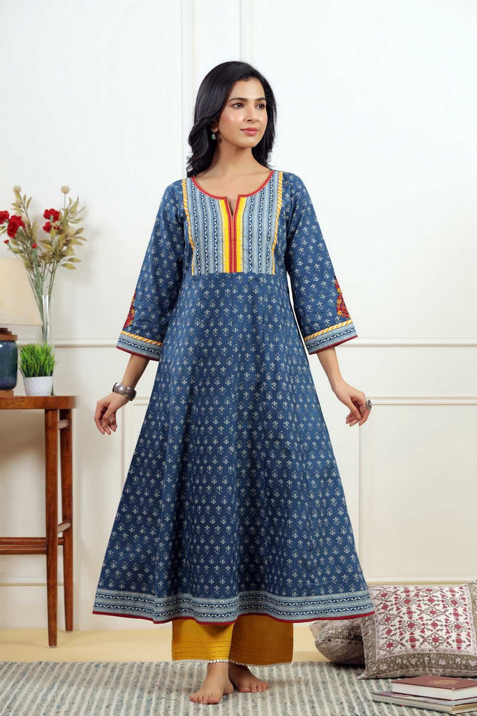 Kalidaar Kurta In Dark Blue Cotton Fabric