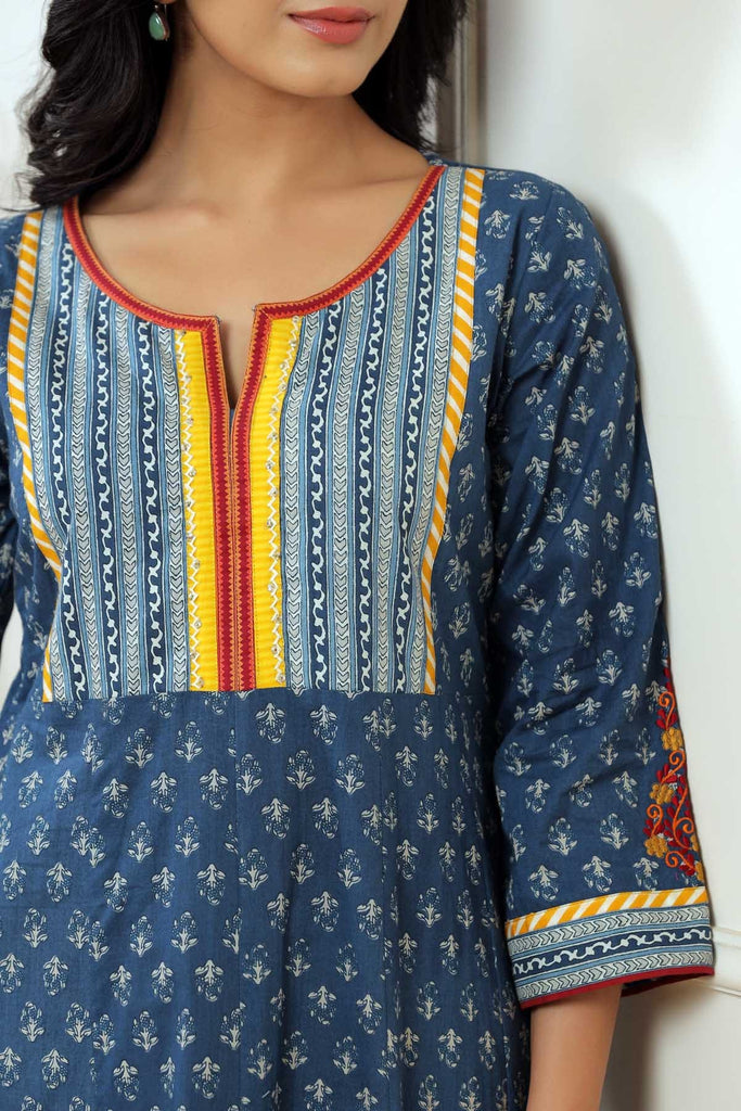 Kalidaar Kurta In Dark Blue Cotton Fabric