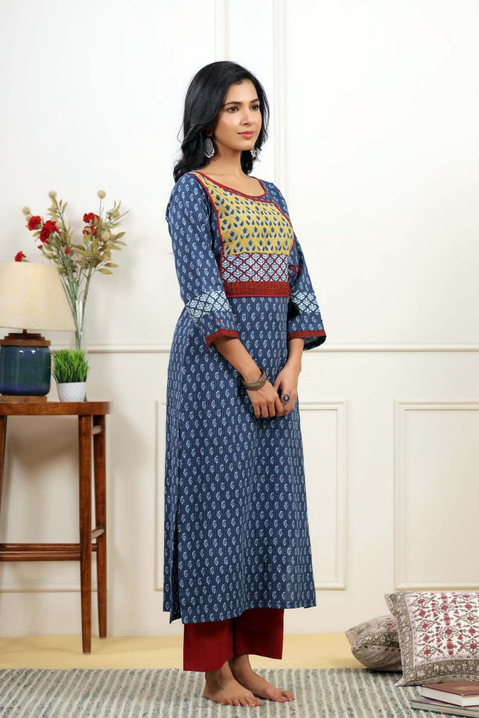 Indigo Blue Kantha Cotton Fabric Kurta