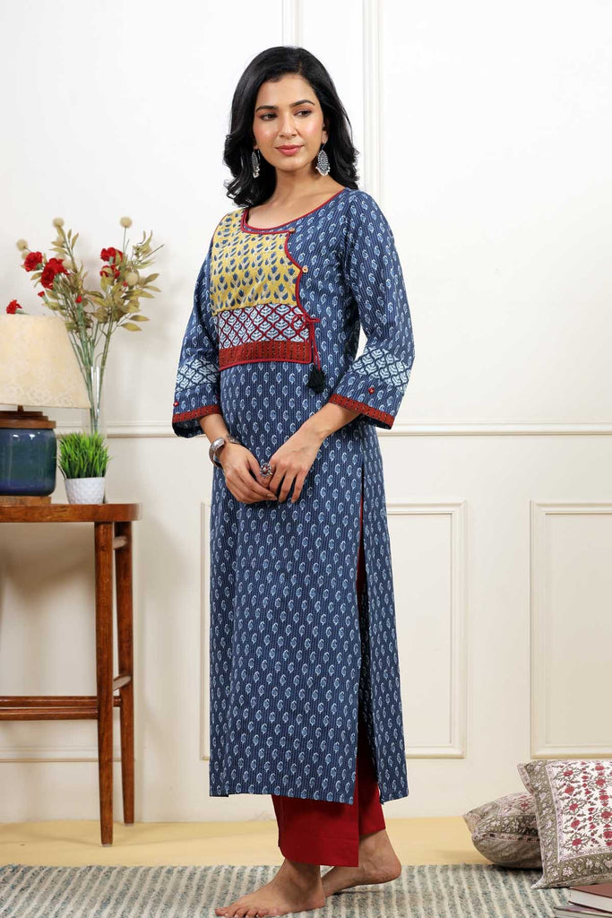 Indigo Blue Kantha Cotton Fabric Kurta