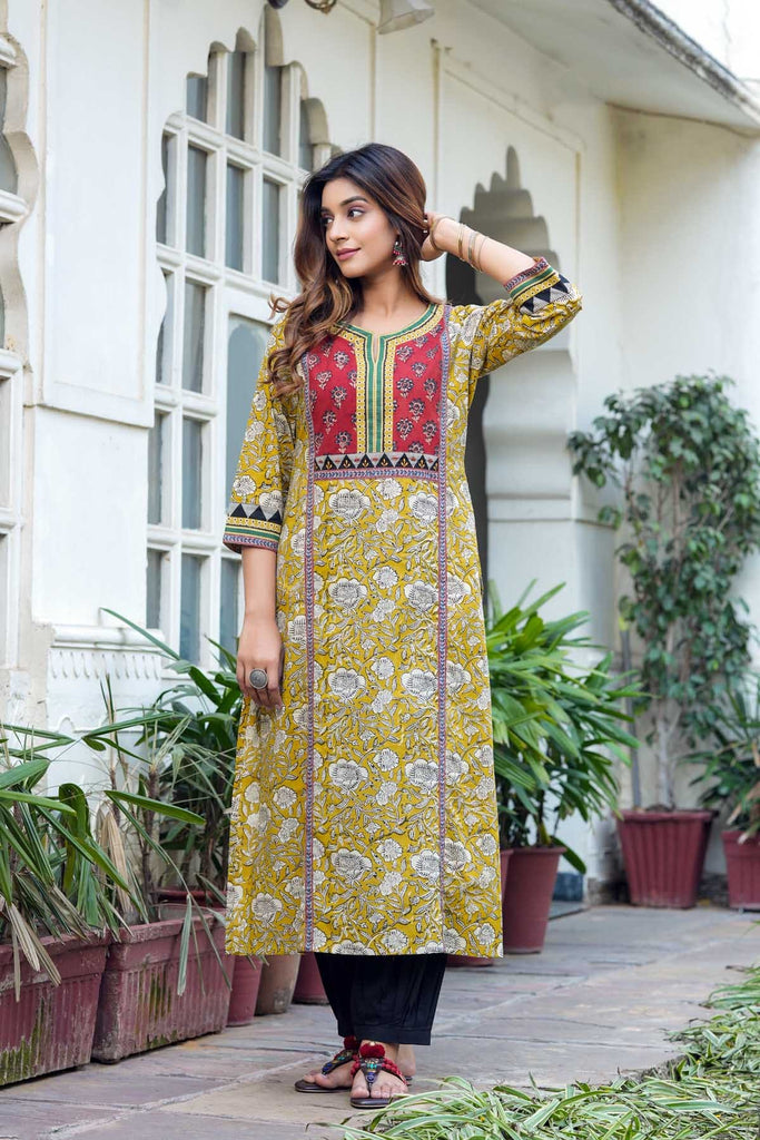 Mustard Yellow A-Line Kurta In Bagru Print