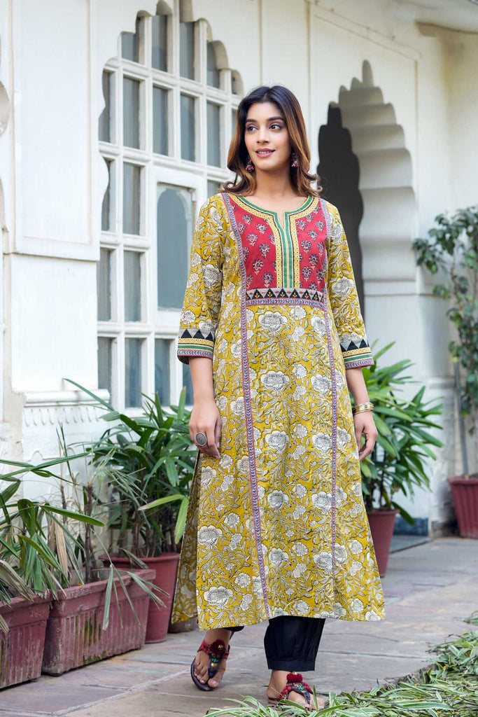 Mustard Yellow A-Line Kurta In Bagru Print