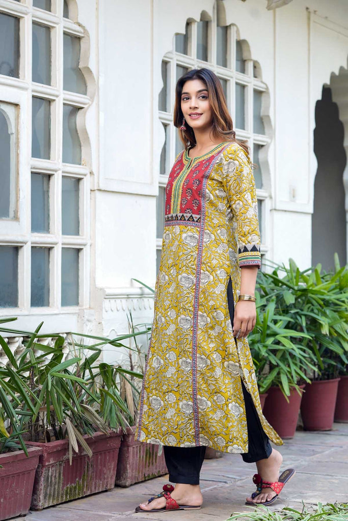 Mustard Yellow A-Line Kurta In Bagru Print