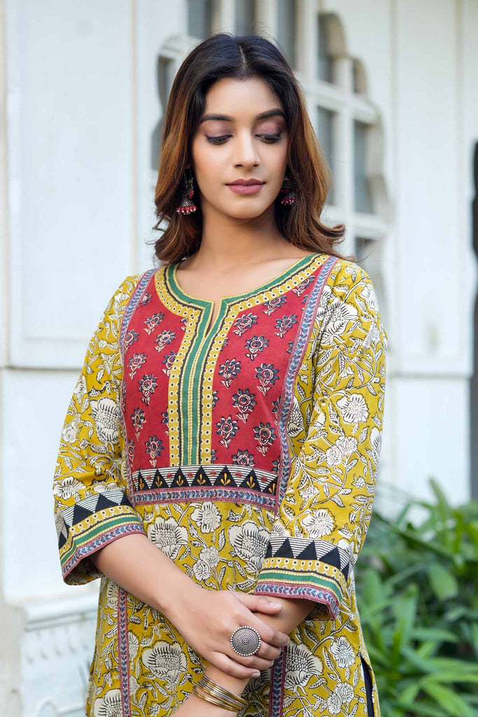 Mustard Yellow A-Line Kurta In Bagru Print