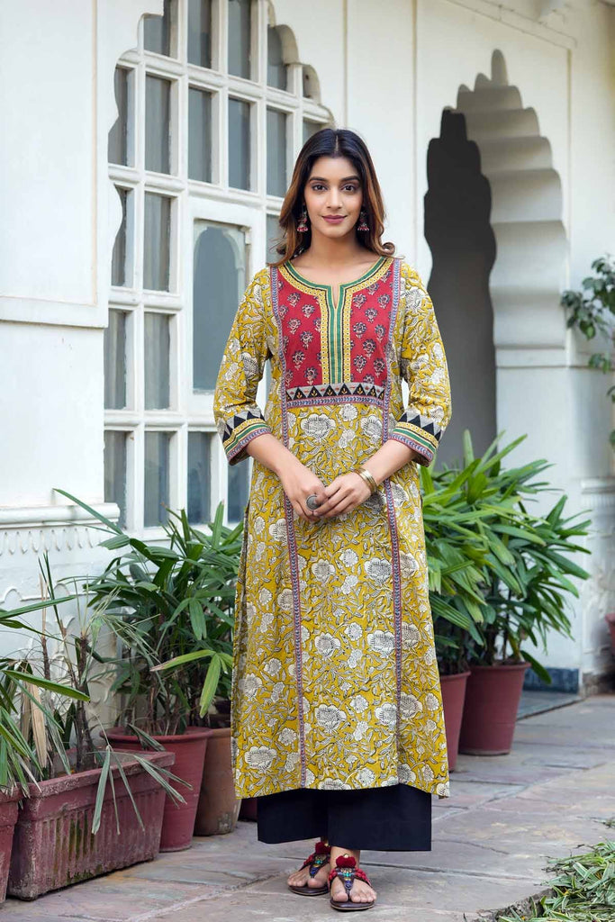 Mustard Yellow A-Line Kurta In Bagru Print