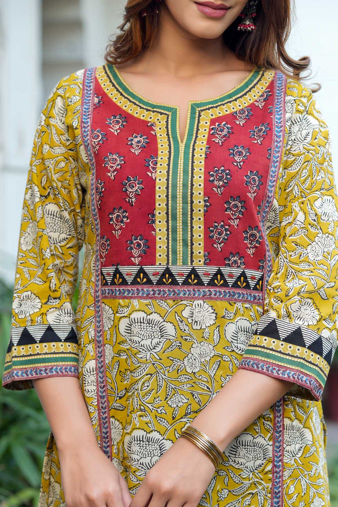 Mustard Yellow A-Line Kurta In Bagru Print