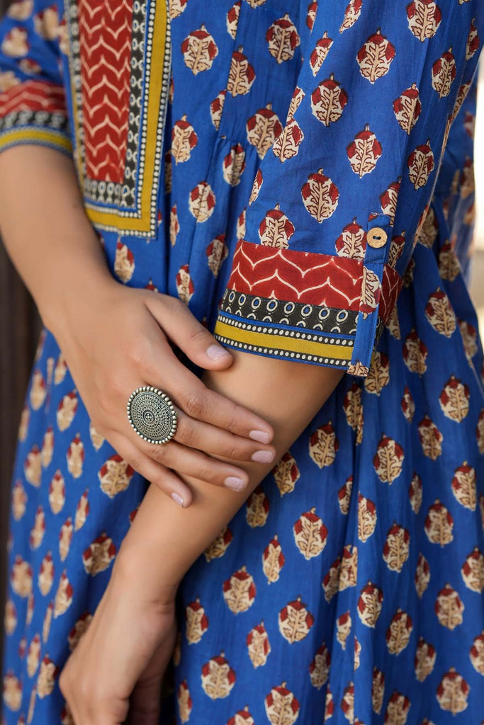 Long Length A-Line Kurta In Ink Blue Buti Print