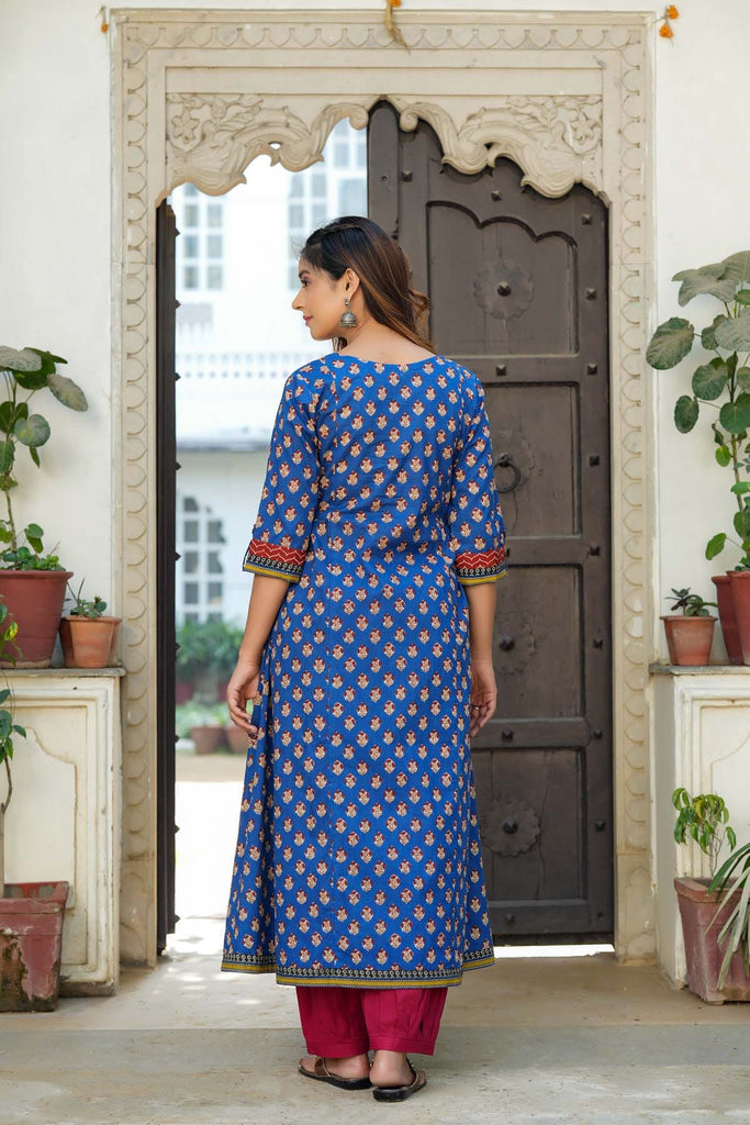 Long Length A-Line Kurta In Ink Blue Buti Print