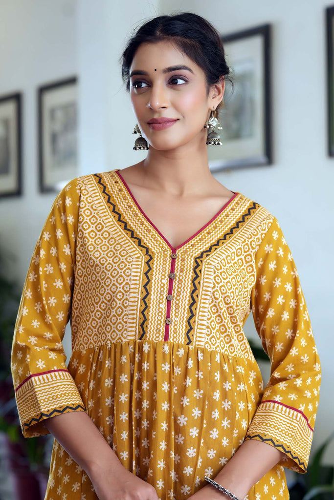 Mustard Yellow A-Line Kurta In Bagru Print