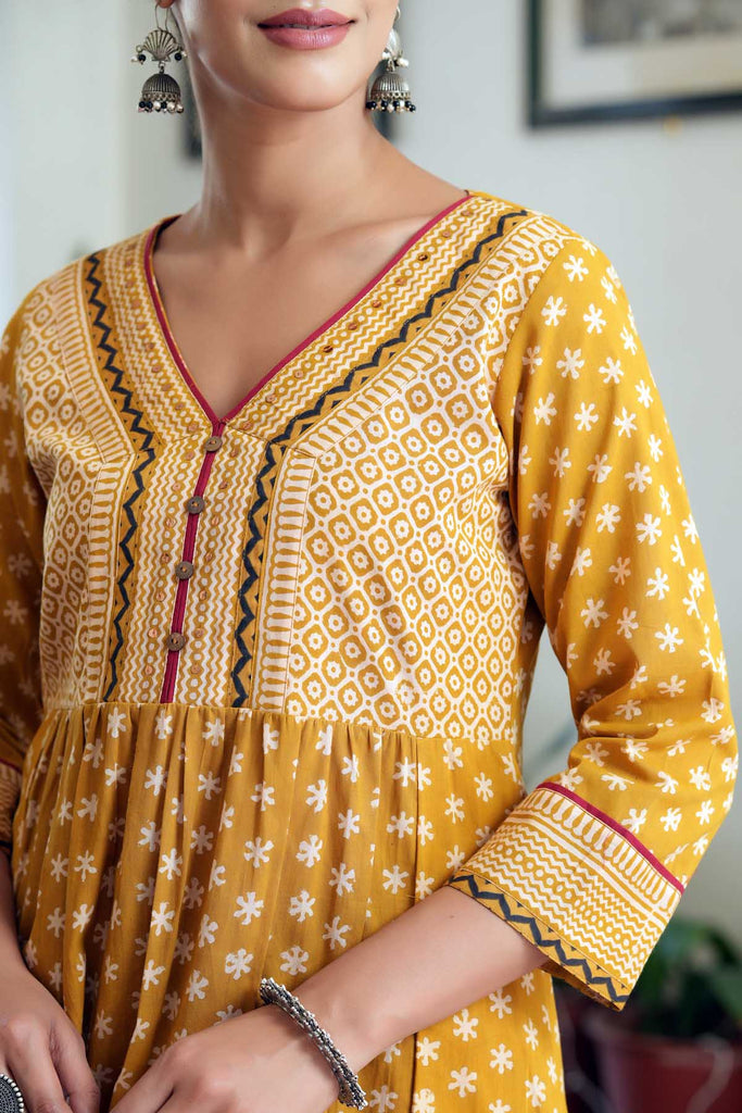 Mustard Yellow A-Line Kurta In Bagru Print