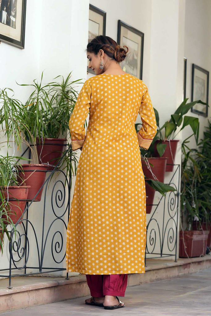 Mustard Yellow A-Line Kurta In Bagru Print