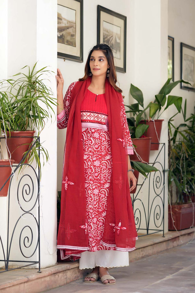 Deep Red A-Line Kurta In Hand Block Cotton
