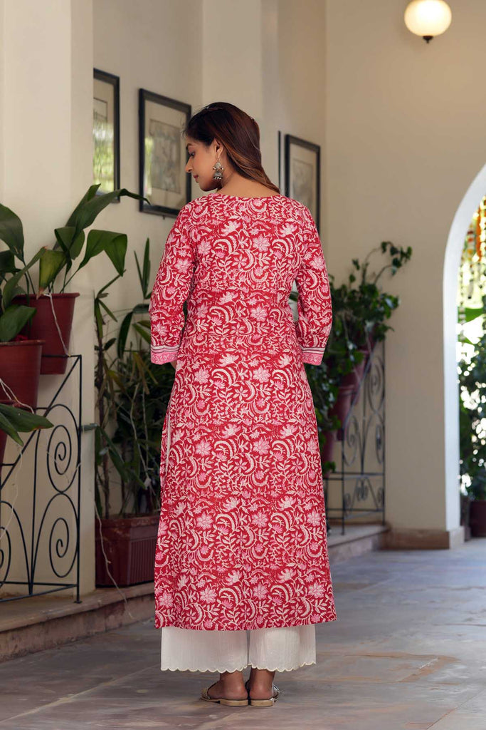 Deep Red A-Line Kurta In Hand Block Cotton