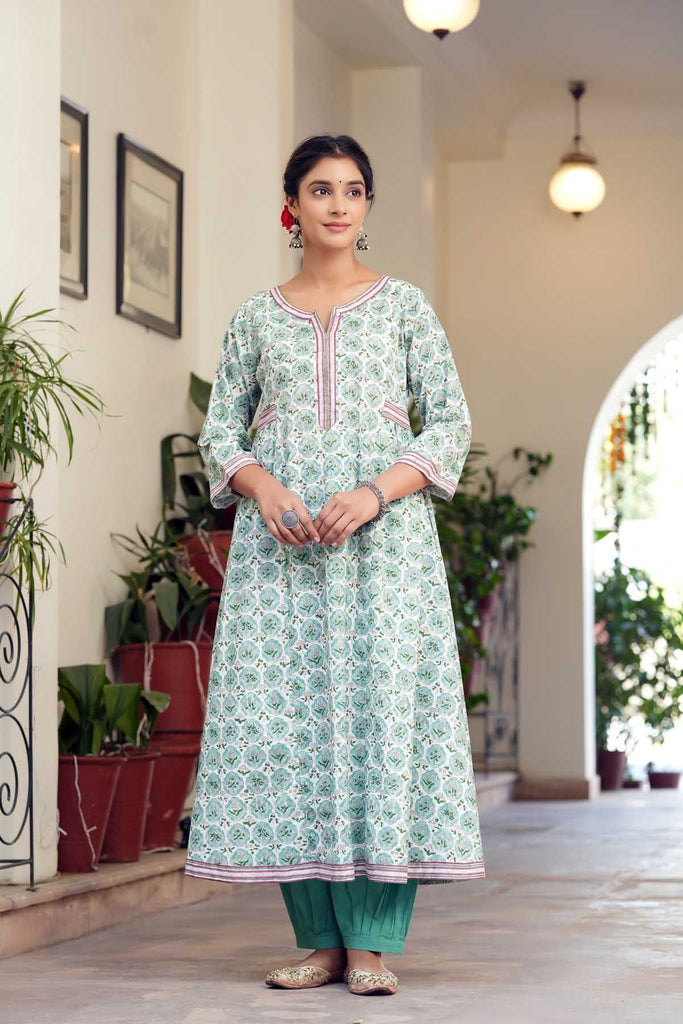 Long Length A-Line Kurta In Hand Block Cotton