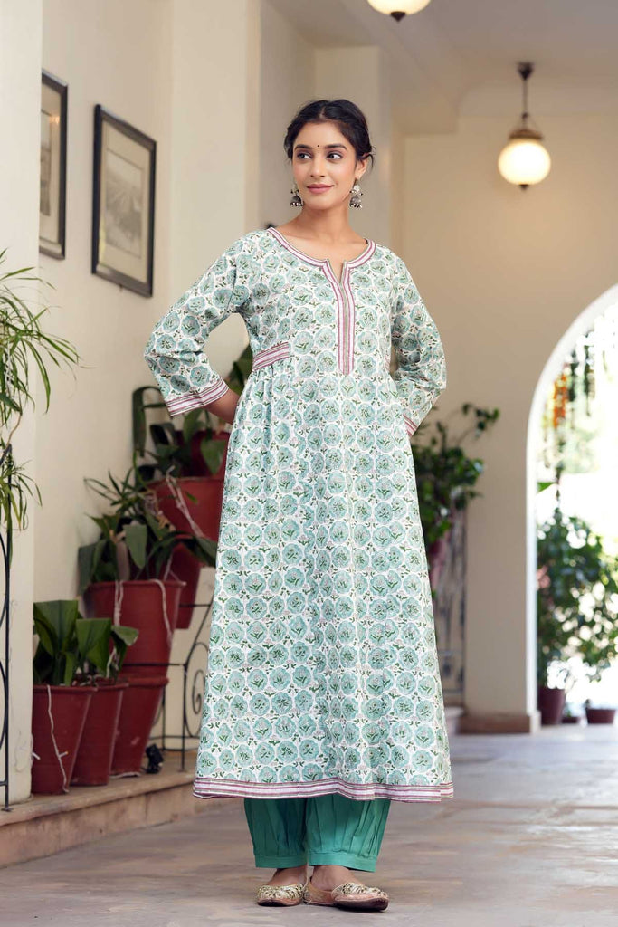 Long Length A-Line Kurta In Hand Block Cotton