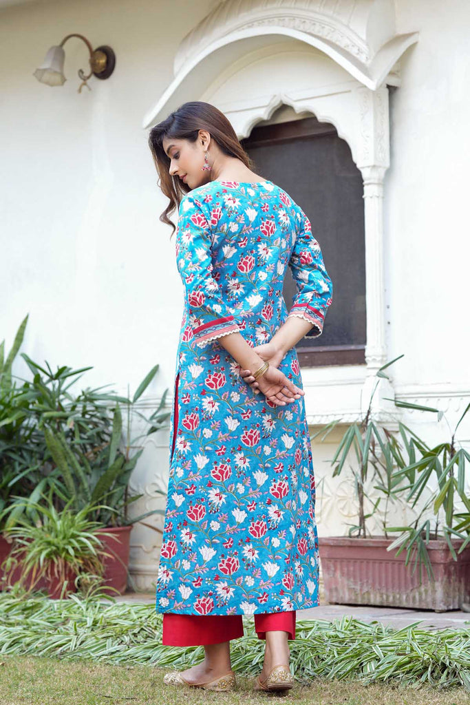 Indian Women Turquoise Blue Geometric Print Rayon Straight Kurta Kurti Top  Tunic | eBay