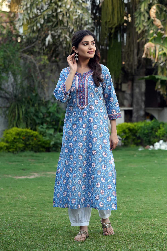 Long Length Sky Blue A-Line Kurta In Hand Block Cotton