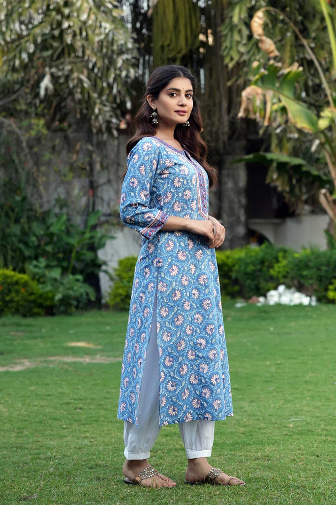 Long Length Sky Blue A-Line Kurta In Hand Block Cotton