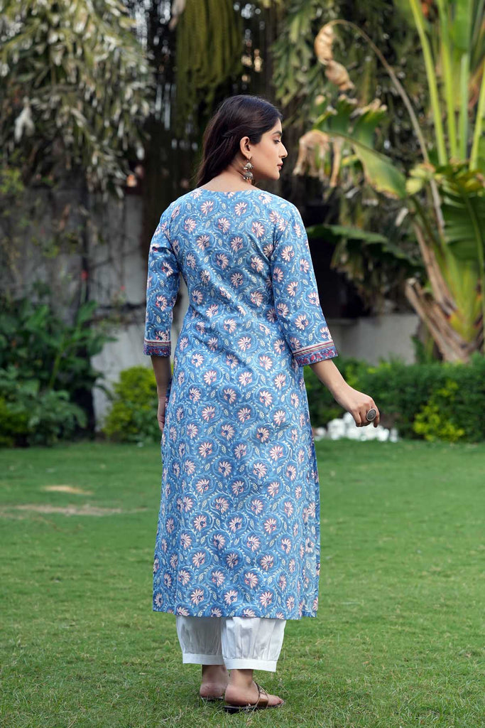 Long Length Sky Blue A-Line Kurta In Hand Block Cotton