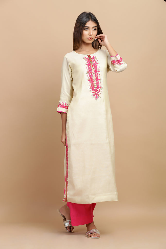 Beige Gold Embroided Cotton Silk Straight Kurta