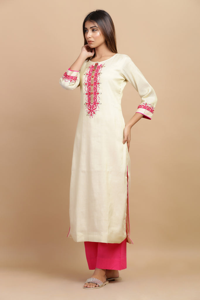 Beige Gold Embroided Cotton Silk Straight Kurta